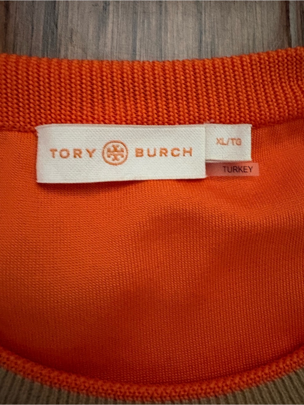Tory Burch Cashmere Taupe Crewneck Sweater with Orange Accents Size XL - Picture 3 of 7